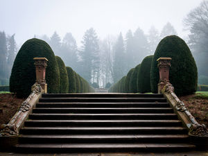eine Steintreppe auf einem Friedhof mit leichtem Nebel